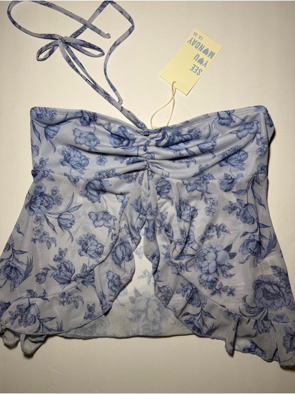 See You Monday Blue Floral Strapless Tie Tube Top - Size XL - NWT